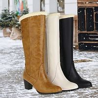 Women's Boots Snow Boots Plus Size Heel Boots Party Outdoor Daily Solid Color Fleece Lined Knee High Boots Winter Block Heel Round Toe Vintage Fashion Plush Faux Leather Lace-up Black White Brown miniinthebox - thumbnail