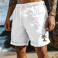 Men's Shorts Linen Shorts Summer Shorts Embroidered Drawstring Straight Leg Solid Color Comfort Breathable Knee Length Casual Daily Vacation Fashion White Blue Inelastic Lightinthebox