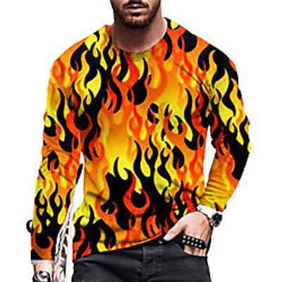 Men's Unisex T shirt 3D Print Graphic Prints Flame Crew Neck Daily Holiday Print Long Sleeve Tops Casual Designer Big and Tall Orange Lightinthebox