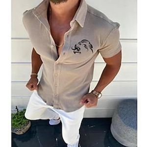 Men's Shirt Solid Color Lion Turndown Standing Collar Street Casual Button-Down Print Half Sleeve Tops Designer Casual Fashion Breathable White Black Blue  Summer Lightinthebox