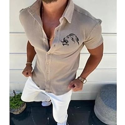 Men's Shirt Solid Color Lion Turndown Standing Collar Street Casual Button-Down Print Half Sleeve Tops Designer Casual Fashion Breathable White Black Blue  Summer Lightinthebox