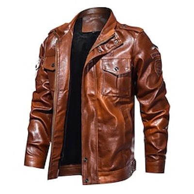 Men's Faux Leather Jacket Biker Jacket Motorcycle Jacket Outdoor Daily Wear Warm Fall Winter Plain Fashion Streetwear Lapel Regular Black Brown Army Green Jacket Lightinthebox