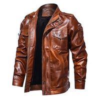 Men's Faux Leather Jacket Biker Jacket Motorcycle Jacket Outdoor Daily Wear Warm Fall Winter Plain Fashion Streetwear Lapel Regular Black Brown Army Green Jacket Lightinthebox - thumbnail