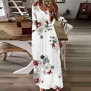 Women's Casual Dress Boho Dress Long Dress Maxi Dress White Light Grey Long Sleeve Floral Pocket Summer Spring U Neck Boho Winter Dress Fall Dress 2023 XS S M L XL XXL 3XL 4XL 5XL 6XL miniinthebox