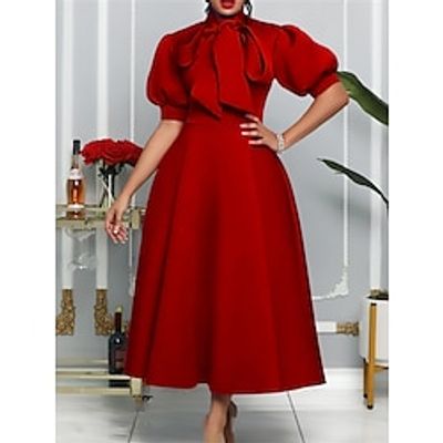 Women's Party Dress Cocktail Dress Wedding Guest Dress Midi Dress White Yellow Wine Short Sleeve Plain Lace up Summer Spring Fall Stand Collar Elegant Wedding Guest Birthday Vacation S M L XL XXL 3XL Lightinthebox