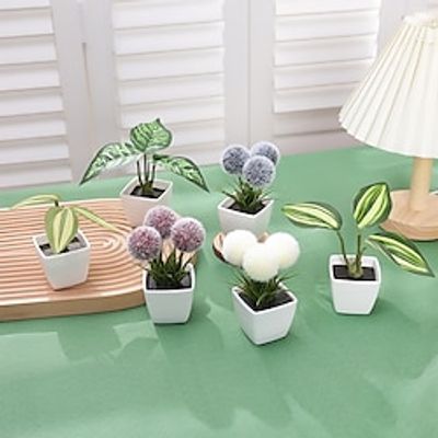 6pcs/set Mini Green Plant Decoration Simulating Small Tree Hair Dall Flower Potted Plants Suitable For Placing Desktop Shelves And Window Sills In Home And Office Settings miniinthebox