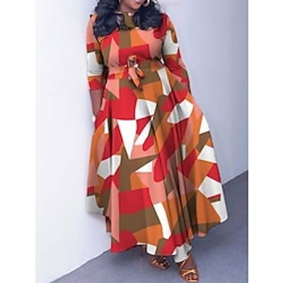 Women's Plus Size Curve Casual Dress Swing Dress A Line Dress Polka Dot Color Block Long Dress Maxi Dress 34 Length Sleeve Print Lace up Crew Neck Fashion Daily Black Red Spring Fall L XL 2XL 3XL Lightinthebox