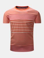 Mens Summer Cotton Striped Printed O-neck Short Sleeve Casual T-shirt