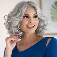 Mixed Grey Short Wavy Wigs for White Women Medium Length Gray Curly Wig Heat Synthetic Natural Looking Wig Lightinthebox - thumbnail