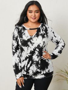 YOINS Plus Size Round Neck Tie Dye Cut Out Long Sleeves Tee