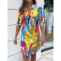 Women's Casual Dress Shirt Dress Satin Dress Color Block Abstract Button Print Shirt Collar Mini Dress Fashion Streetwear Street Daily Half Sleeve Regular Fit Yellow Fall Winter S M L XL XXL Lightinthebox - thumbnail