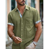 Men's Shirt Linen Shirt Summer Shirt Beach Shirt Green Short Sleeve Solid Color Lapel Summer Casual Daily Clothing Apparel Lightinthebox