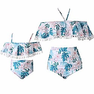 sanglice girls women off shoulder tankini two piece family matching bathing suits mommy and daughter swimsuits (blue pink flora, 6-8tgirl) Lightinthebox
