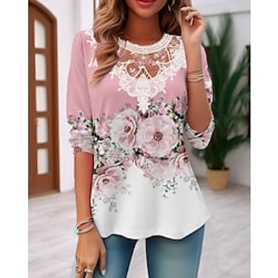 Women's T shirt Tee Floral Pink Blue Purple Lace Print Long Sleeve Holiday Weekend Fashion Round Neck Regular Fit Spring   Fall Lightinthebox