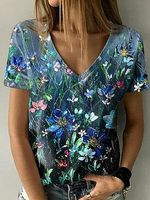 V-neck Casual Loose Floral Print Short Sleeve T-shirt