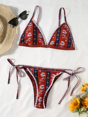 Burgundy Tribal Print Tie-up Design Bikini Set Burgundy Tribal Print Tie-up Design Bikini Set