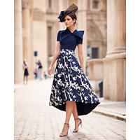 Two Piece Sheath / Column Mother of the Bride Dress blue Formal Wedding Guest Elegant High Low V Neck Asymmetrical Tea Length Spandex Shantung Taffeta Short Sleeve Half Sleeve with Bow(s) Flower 2024 Lightinthebox