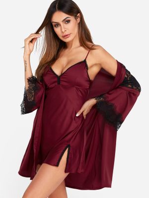 Burgundy Lace Trim Two Piece Pajama Set Burgundy Lace Trim Two Piece Pajama Set