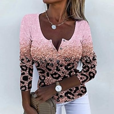 Women's T shirt Tee Henley Shirt Leopard Pink Blue Purple Print Button Long Sleeve Daily Weekend Fashion Round Neck Regular Fit Spring   Fall Lightinthebox
