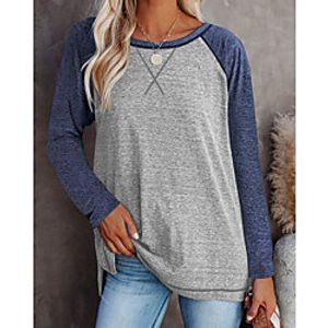 2021 european and american cross-border autumn and winter new amazon color matching cross loose long-sleeved casual t-shirt split female top miniinthebox