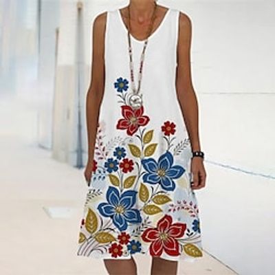 Women's A Line Dress Knee Length Dress White Sleeveless Floral Print Spring Summer V Neck Casual 2022 S M L XL XXL 3XL miniinthebox Women's A Line Dress Knee Length Dress White Sleeveless Floral Print Spring Summer V Neck Casual 2022 S M L XL XXL 3XL miniinthebox