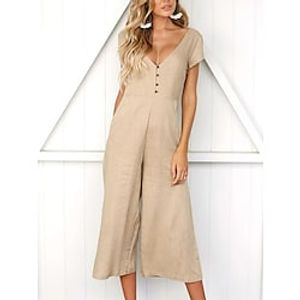 Women's Jumpsuit Button Solid Color V Neck Basic Daily Vacation Regular Fit Short Sleeve Black White Green S M L Spring Lightinthebox