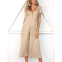 Women's Jumpsuit Button Solid Color V Neck Basic Daily Vacation Regular Fit Short Sleeve Black White Green S M L Spring Lightinthebox - thumbnail