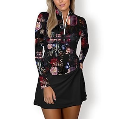 Women's Golf Polo Shirt Black Long Sleeve Sun Protection Top Floral Fall Winter Ladies Golf Attire Clothes Outfits Wear Apparel miniinthebox