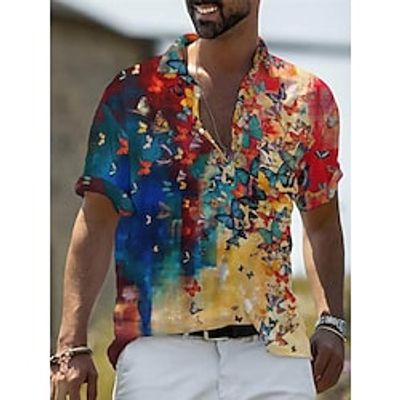 Men's Shirt Summer Hawaiian Shirt Butterfly Graphic Prints Turndown Yellow Black / Purple Royal Blue Sky Blue GrayBlue Casual Holiday Short Sleeve Button-Down Print Clothing Apparel Tropical Fashion miniinthebox