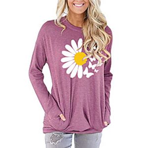 Women's Painting T shirt Floral Graphic Daisy Long Sleeve Print Round Neck Basic Tops Cotton Blushing Pink Green Light gray miniinthebox