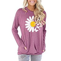 Women's Painting T shirt Floral Graphic Daisy Long Sleeve Print Round Neck Basic Tops Cotton Blushing Pink Green Light gray miniinthebox - thumbnail