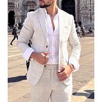 Beige Men's Beach Wedding Linen Suits Solid Colored 2 Piece Fashion Daily Casual Tailored Fit Single Breasted Two-buttons 2024 miniinthebox