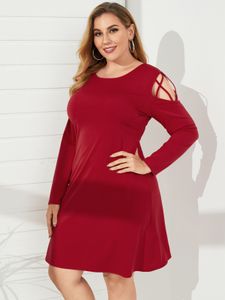 YOINS BASICS Plus Size Crew Neck Hollow Design Long Sleeves Midi Dress