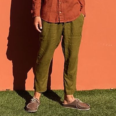 Men's Linen Pants Trousers Summer Pants Pocket Drawstring Elastic Waist Plain Comfort Breathable Casual Daily Holiday Vacation Hawaiian ArmyGreen Lightinthebox