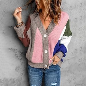 Women's Cardigan Sweater Jumper Ribbed Knit Patchwork Knitted Color Block V Neck Stylish Casual Outdoor Going out Winter Fall Pink Khaki S M L  Long Sleeve  Regular Fit Lightinthebox