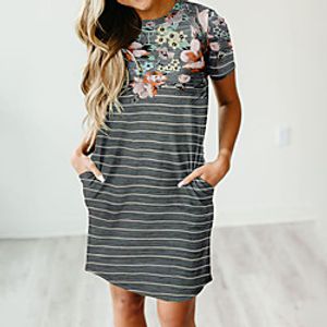 Women's A Line Dress Short Mini Dress Gray Beige Short Sleeve Floral Striped Print Summer Round Neck Casual 2021 S M L XL XXL miniinthebox