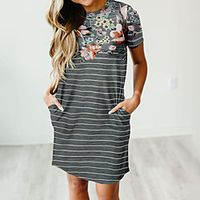 Women's A Line Dress Short Mini Dress Gray Beige Short Sleeve Floral Striped Print Summer Round Neck Casual 2021 S M L XL XXL miniinthebox - thumbnail