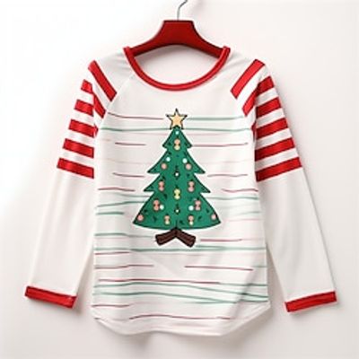 Christmas Girls' 3D Christmas Tree Stripe Raglan Sleeve Shirt Long Sleeve 3D Print Fall Winter Active Fashion Cute Polyester Kids 3-12 Years Crew Neck Outdoor Casual Daily Regular Fit Lightinthebox
