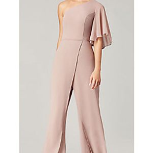 Jumpsuits Minimalist Elegant Wedding Guest Formal Evening Dress One Shoulder Short Sleeve Floor Length Chiffon with Ruched 2021 miniinthebox