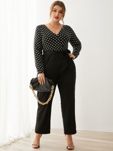 YOINS Plus Size V-neck Polka Dot Backless Design Belt Design Long Sleeves Jumpsuit