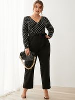 YOINS Plus Size V-neck Polka Dot Backless Design Belt Design Long Sleeves Jumpsuit - thumbnail