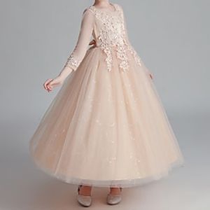 First Communion Formal Evening Princess Flower Girl Dresses Jewel Neck Floor Length Tulle Winter Fall with Petal Paillette Cute Girls' Party Dress Fit 3-16 Years Lightinthebox