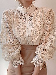 Loose Lace Hollow Flower Stitching Long-sleeved Stand Collar Blouse