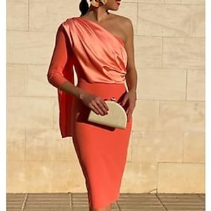 Sheath / Column Cocktail Dresses Vintage Dress Wedding Guest Knee Length 3/4 Length Sleeve One Shoulder Stretch Fabric with Draping 2023 miniinthebox