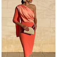 Sheath / Column Cocktail Dresses Vintage Dress Wedding Guest Knee Length 3/4 Length Sleeve One Shoulder Stretch Fabric with Draping 2023 miniinthebox - thumbnail