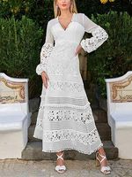 Women's Elegant V-neck Lace Stitching Polka Dot Mesh Layered Skirt Hem Puff Sleeve Dress