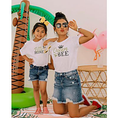 Mommy and Me Tops Graphic Print White Short Sleeve Above Knee Matching Outfits miniinthebox