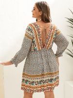 YOINS Plus Size V-neck Tribal Backless Design Tie-up Design Dress - thumbnail