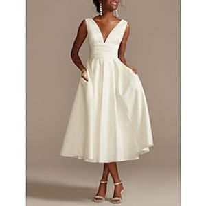 Little White Dresses Wedding Dresses A-Line V Neck Sleeveless Tea Length Satin Bridal Gowns With Pleats Solid Color 2023 Lightinthebox