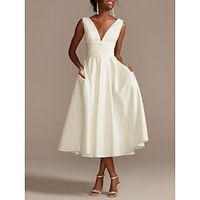 Little White Dresses Wedding Dresses A-Line V Neck Sleeveless Tea Length Satin Bridal Gowns With Pleats Solid Color 2023 Lightinthebox - thumbnail